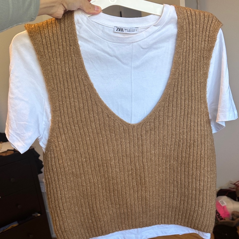 Zara Tan Knit Vest with White Tee